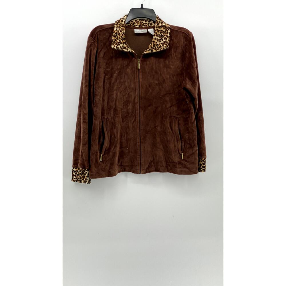 SPORT SAVVY Women's Brown Soft Y2K Animal Print Zip-Up Long Sleeve Sweater SZ M